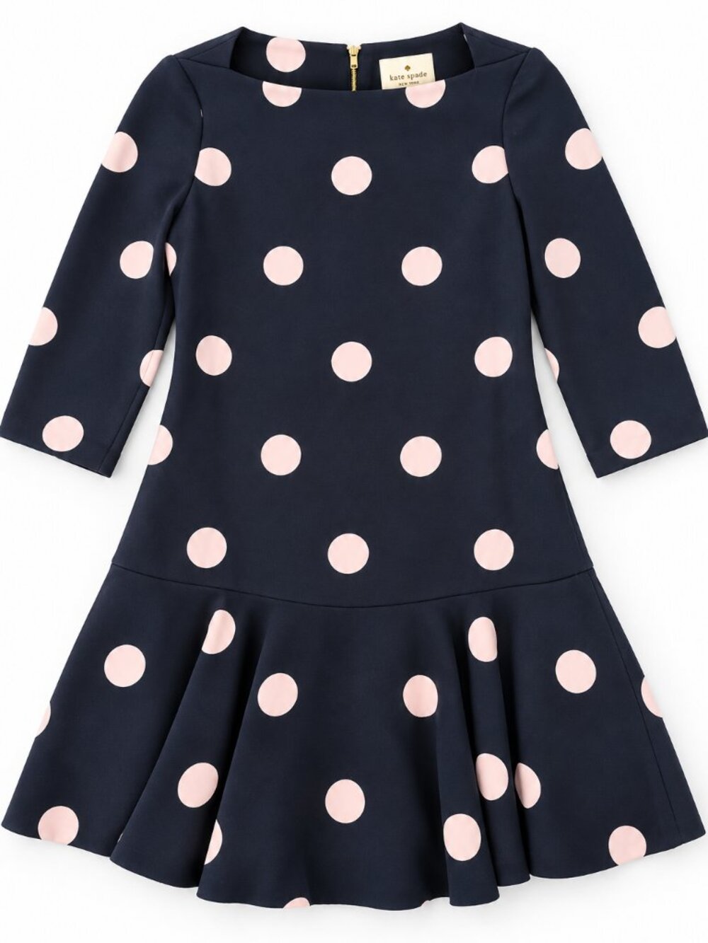 Kate Spade Navy Pink Polka Dot Drop Waist Dress Size 2 Ruffle Hem